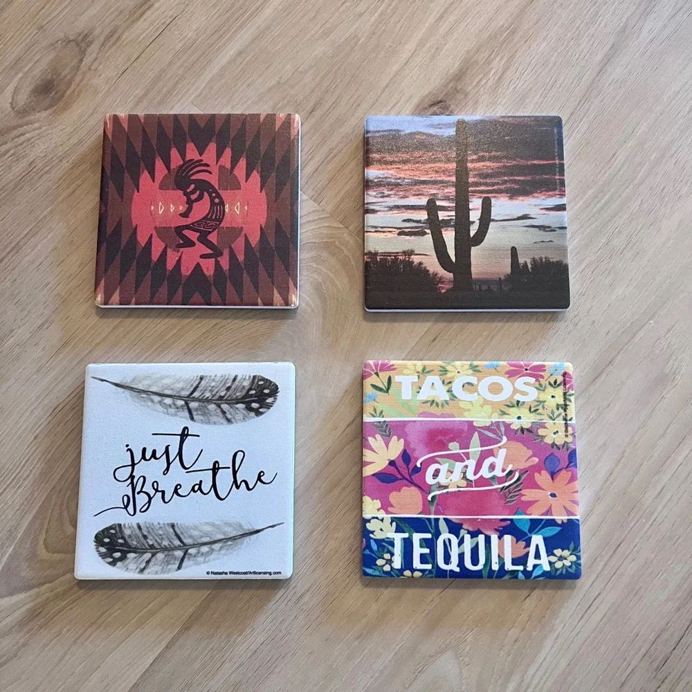 Southwestern Stone Coasters Set of 4 Kokopelli Cactus Tacos Tequila Boho Decor
